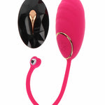 Fuchsia silikon vibrasjonsegg med gullkant, fjernkontroll og trekk-snor.