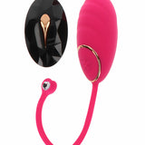 Fuchsia silikon vibrasjonsegg med gullkant, fjernkontroll og trekk-snor.