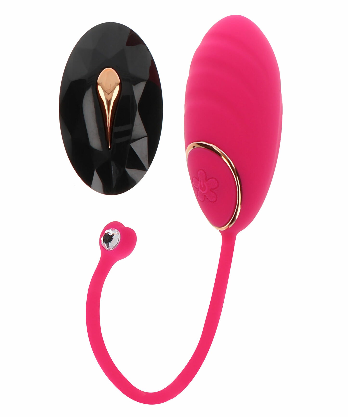 Fuchsia silikon vibrasjonsegg med gullkant, fjernkontroll og trekk-snor.