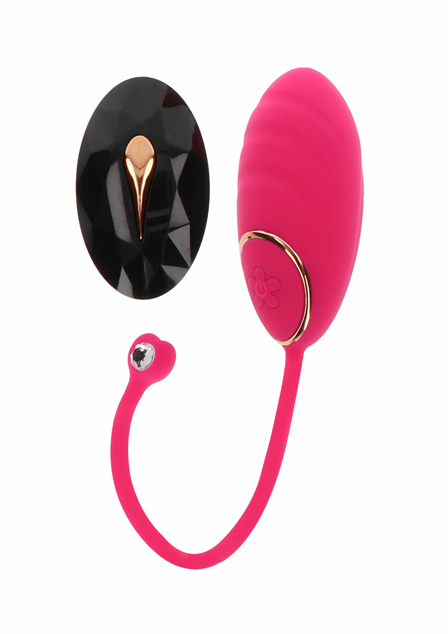 Fuchsia silikon vibrasjonsegg med gullkant, fjernkontroll og trekk-snor.