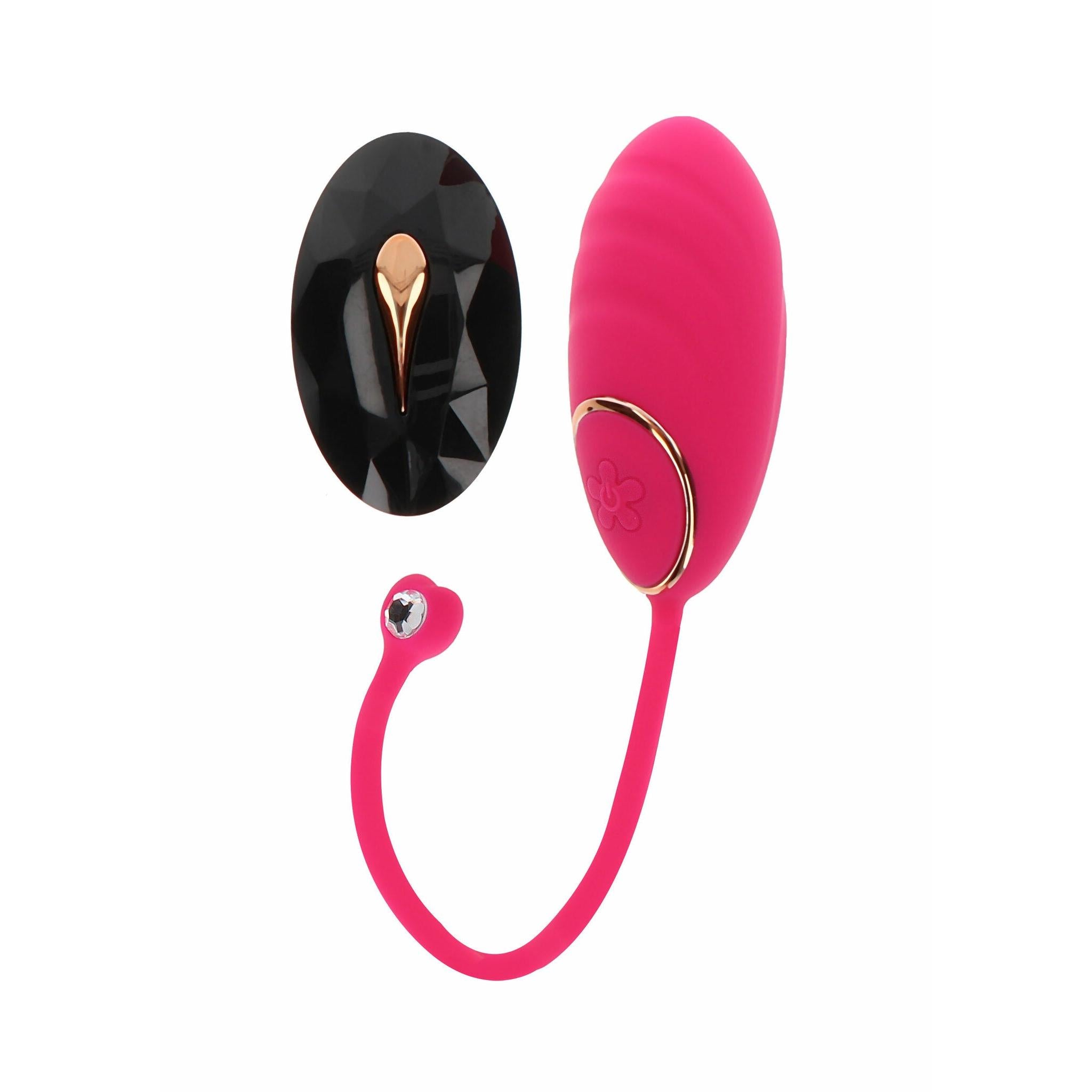 Fuchsia silikon vibrasjonsegg med gullkant, fjernkontroll og trekk-snor.