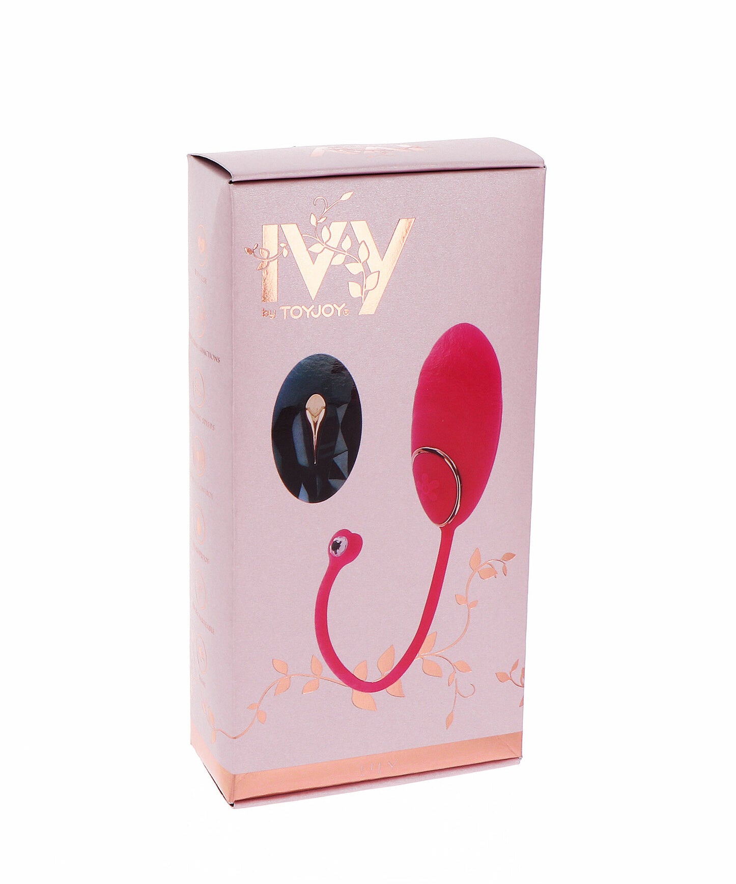 Rosa Ivy Lily vibrasjonsegg med fjernkontroll i en elegant eske med gullbladdesign.