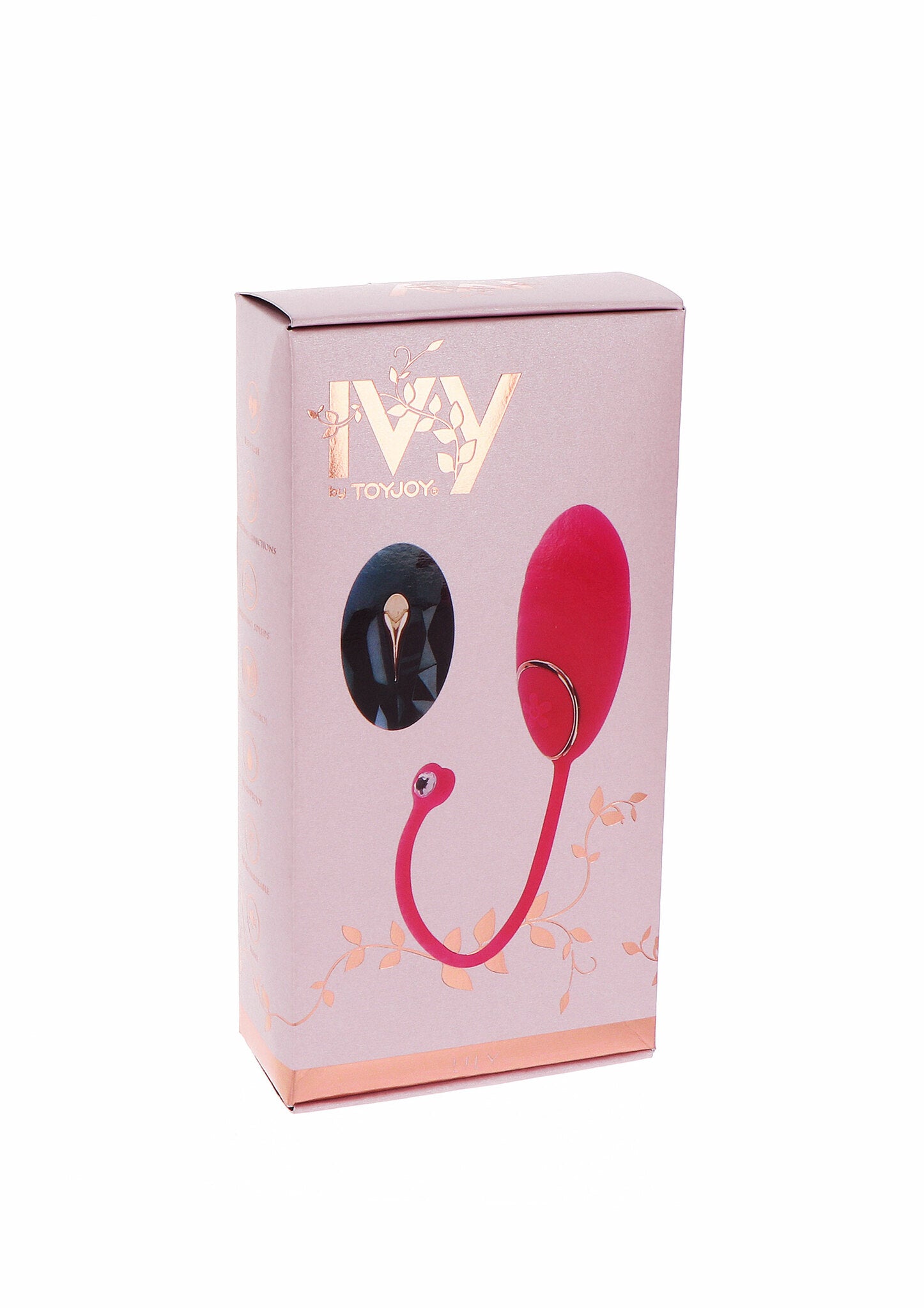 Rosa Ivy Lily vibrasjonsegg med fjernkontroll i en elegant eske med gullbladdesign.