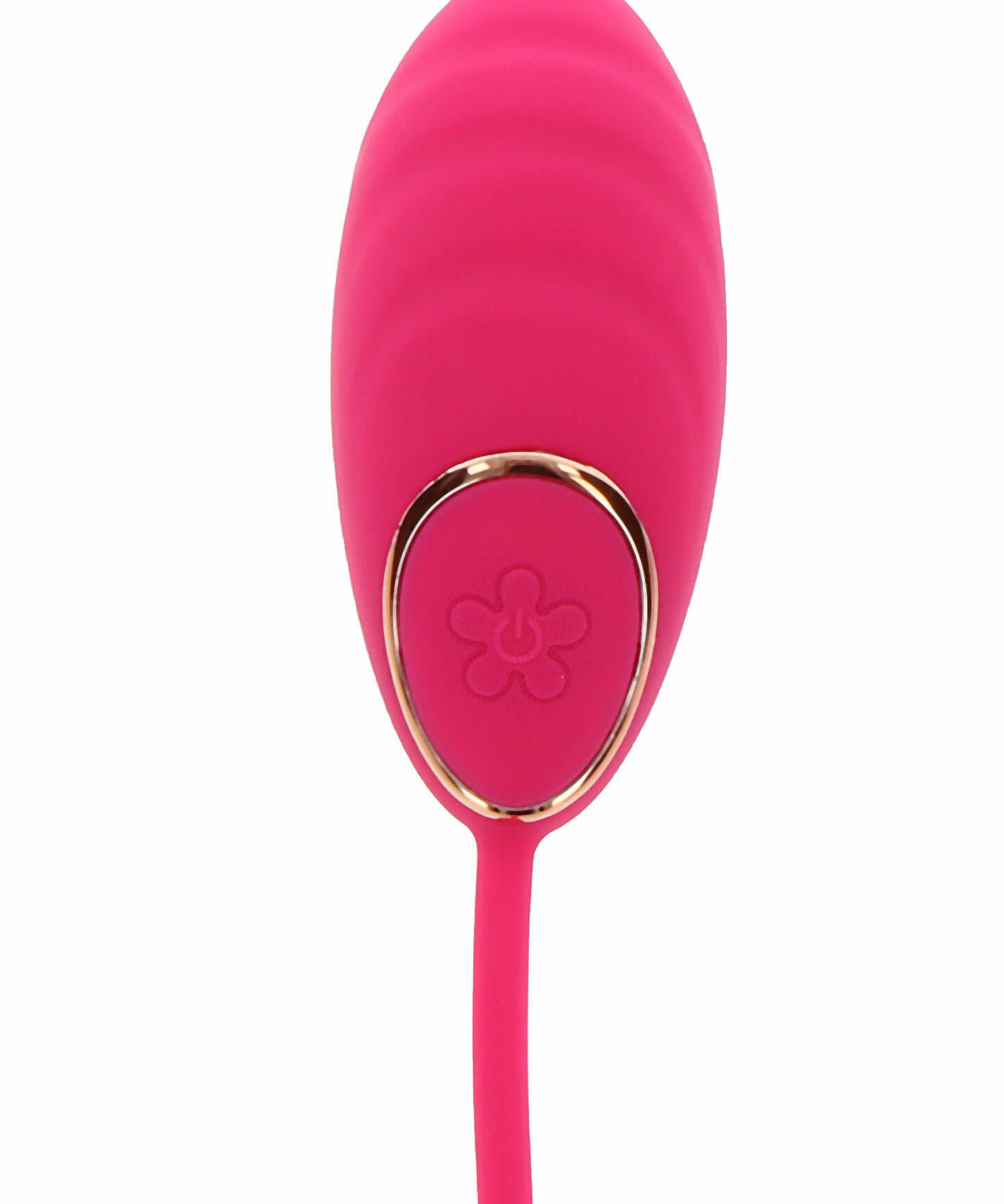 Fuchsia silikon vibrasjonsegg med gullkantet kontrollknapp og blomsterdesign.
