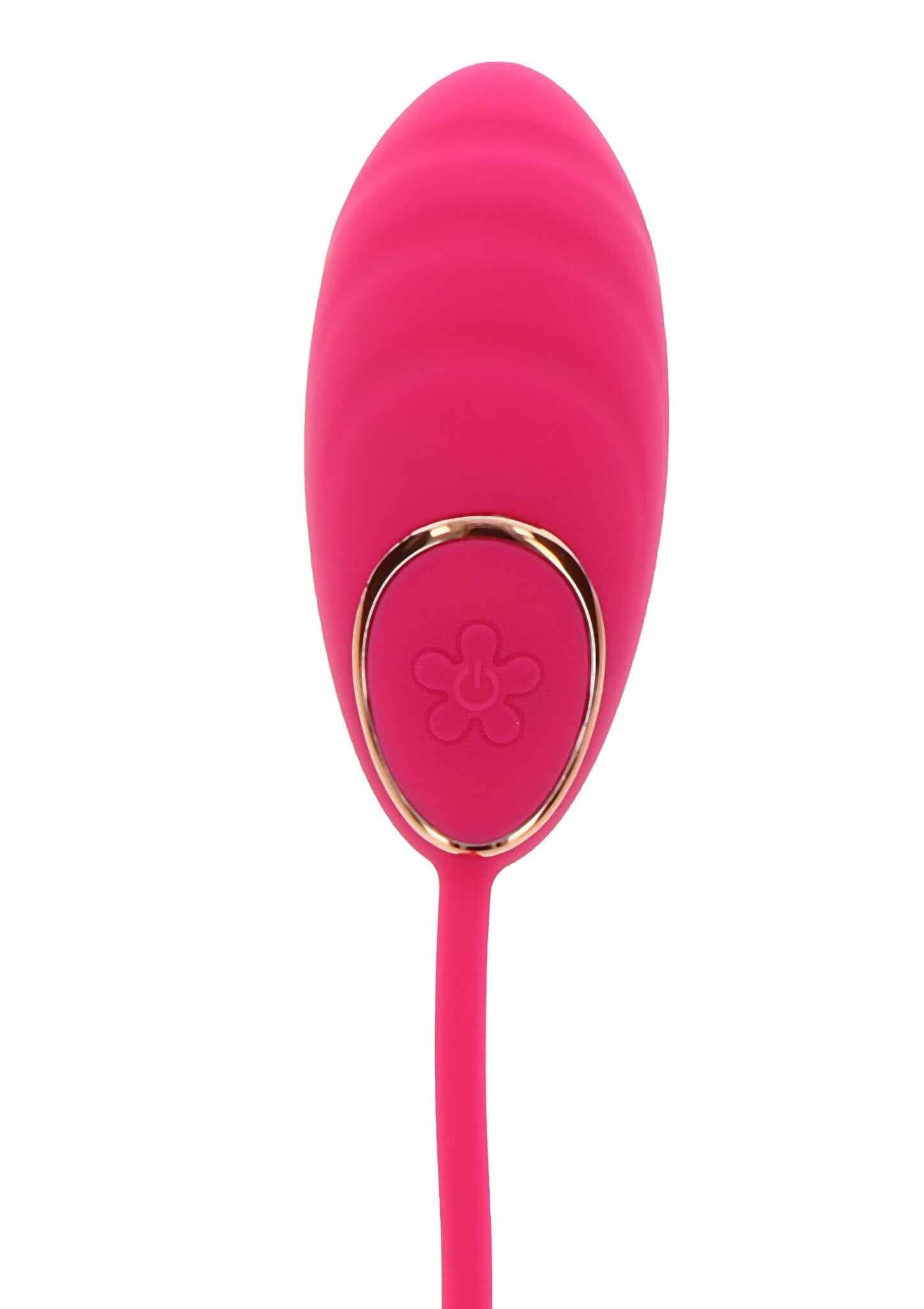 Fuchsia silikon vibrasjonsegg med gullkantet kontrollknapp og blomsterdesign.