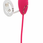 Rosa silikon vibrasjonsegg med gullfarget kontrollknapp og hvit USB-ladekabel.