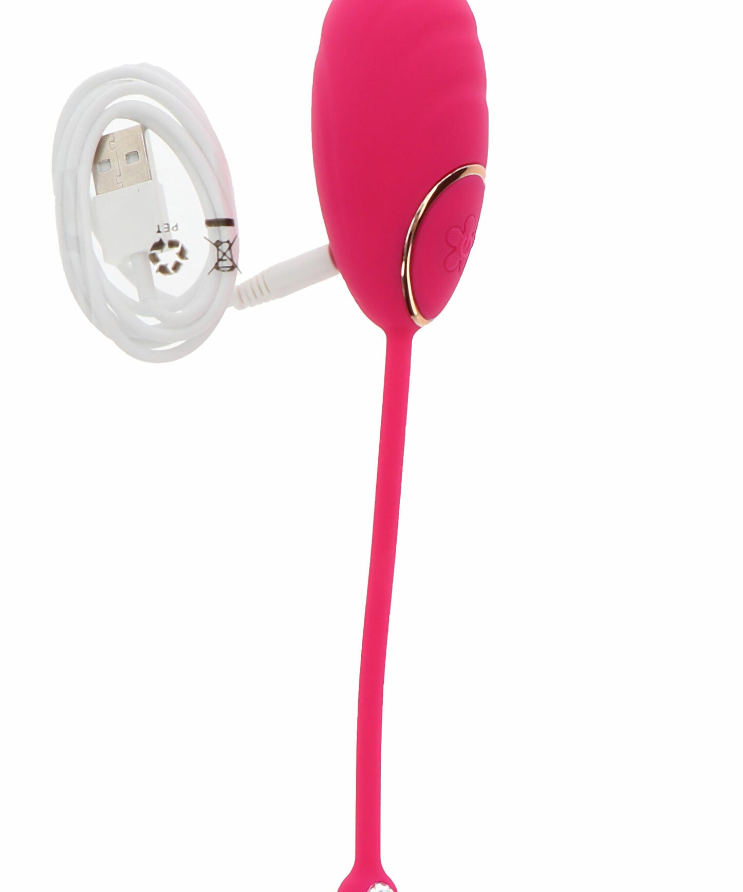 Rosa silikon vibrasjonsegg med gullfarget kontrollknapp og hvit USB-ladekabel.