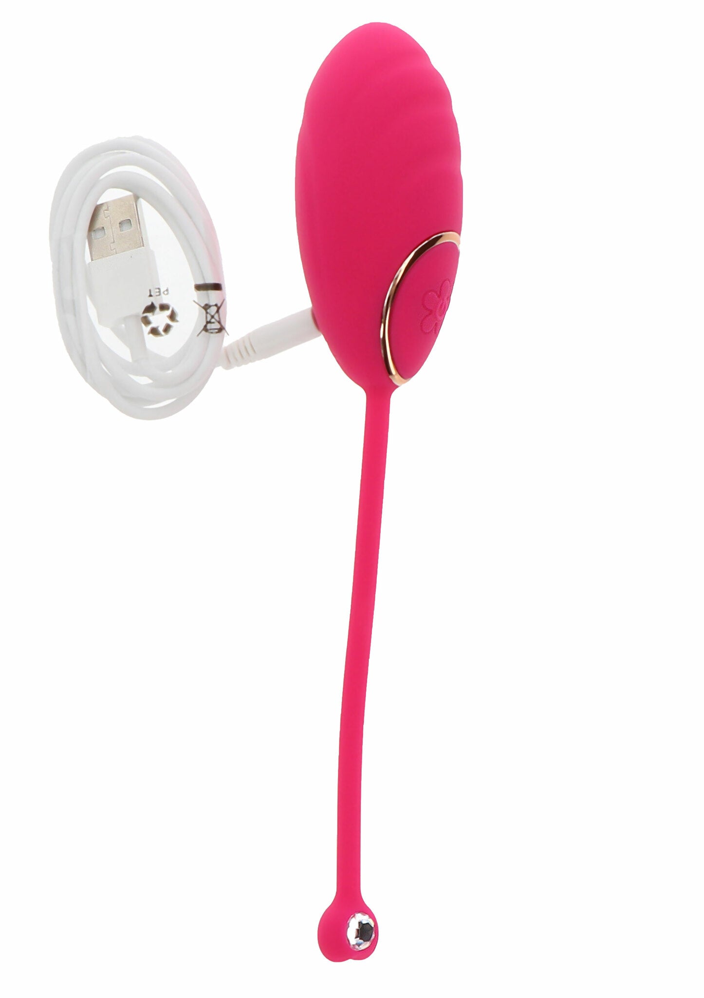 Rosa silikon vibrasjonsegg med gullfarget kontrollknapp og hvit USB-ladekabel.