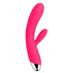 Rosa silikon rabbitvibrator med riller, varmefunksjon og sølvfarget tupp for dobbel stimulering.