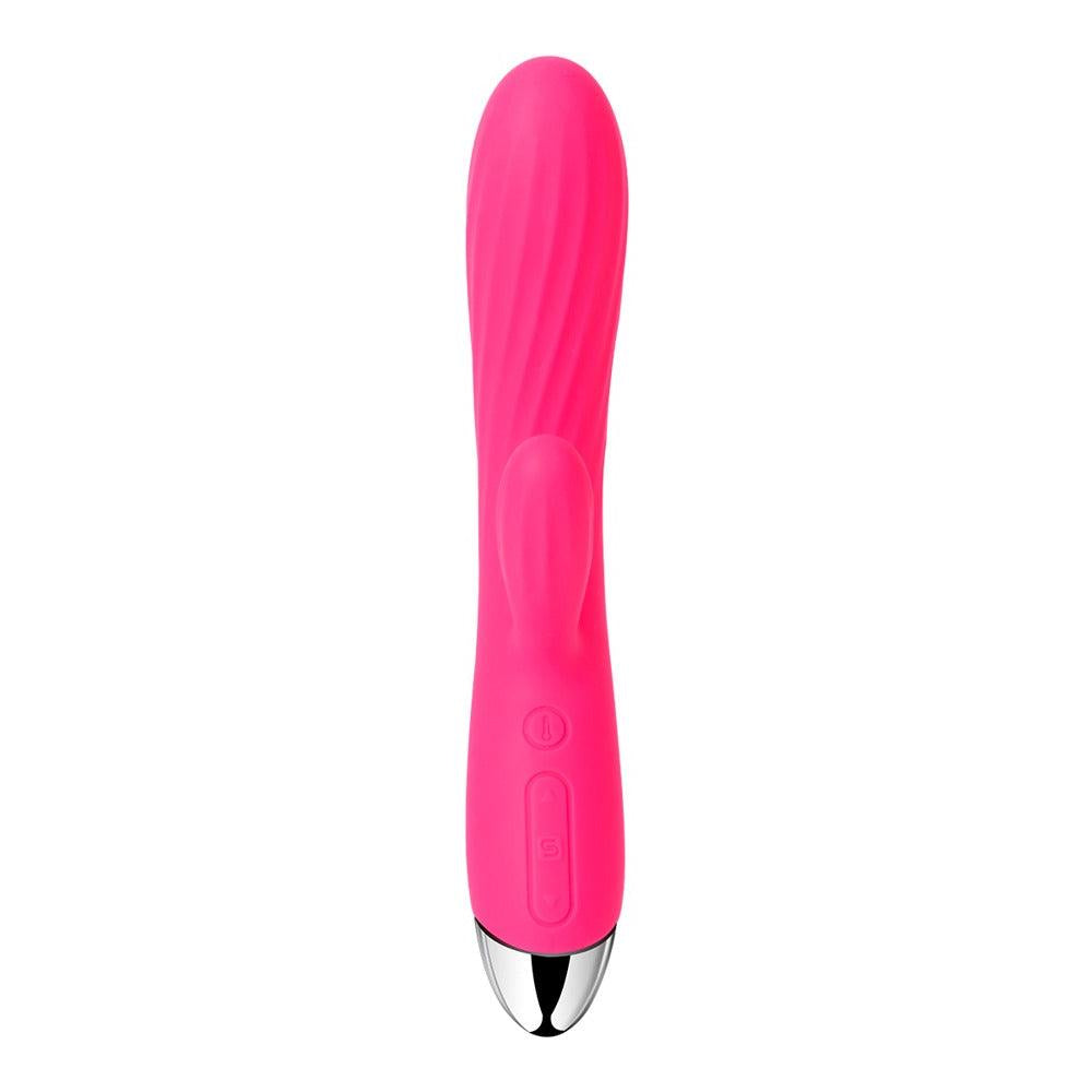 Rosa silikon rabbitvibrator med riller, varmefunksjon og sølvfarget tupp.