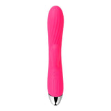 Rosa silikon rabbitvibrator med riller, varmefunksjon og sølvfarget tupp.