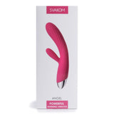 Rosa silikon rabbitvibrator med riller og metalltupp, vist på hvit emballasje.
