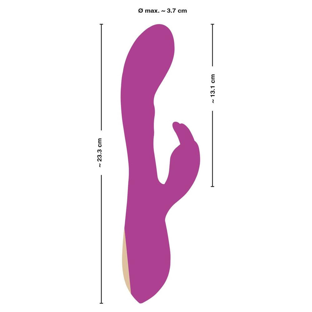 Javida Thumping Rabbit Vibrator i lilla silikon med buet skaft, klitorisstimulator og mål.