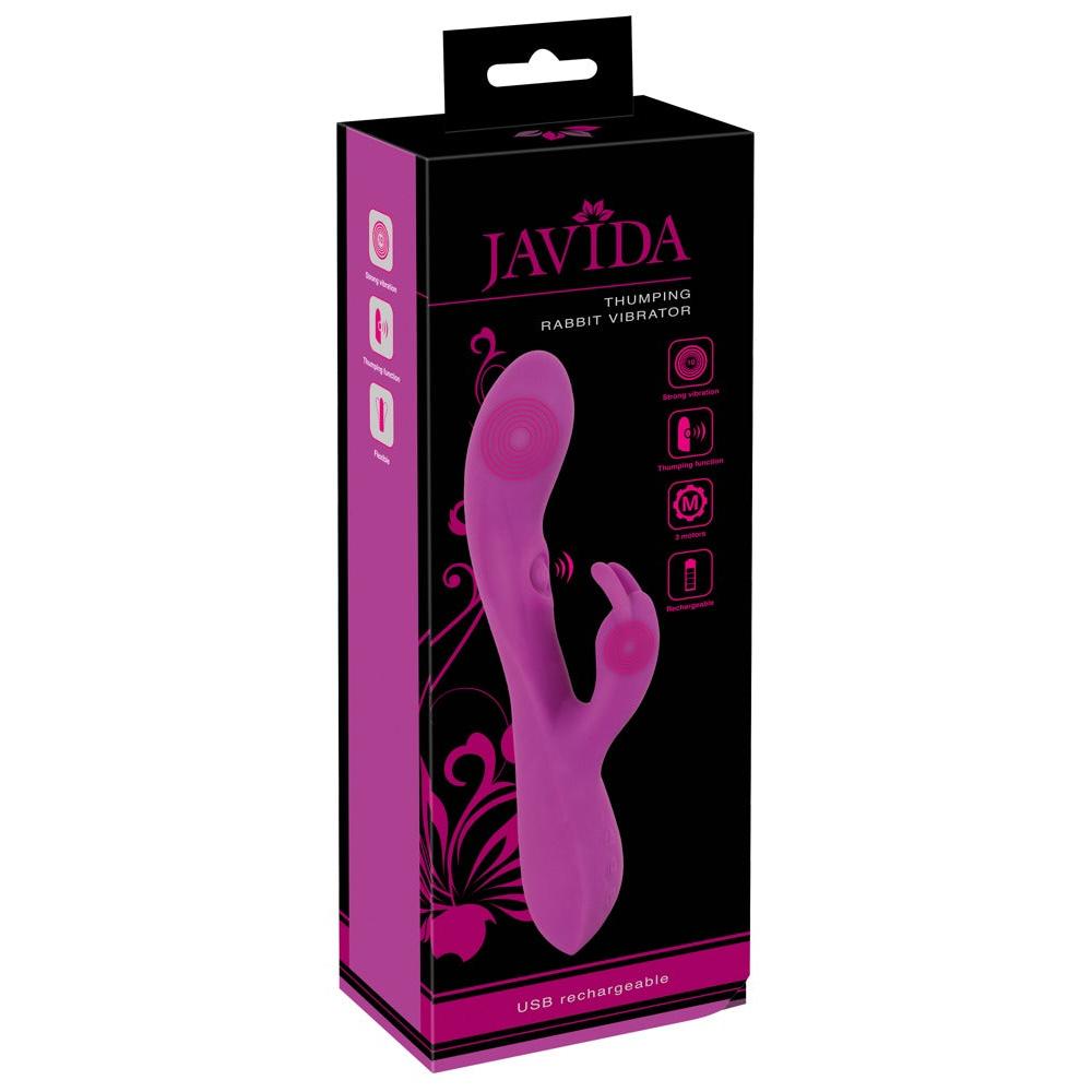 Javida Thumping Rabbit Vibrator i lilla silikon med dobbel stimulering og bankefunksjon, i emballasje.