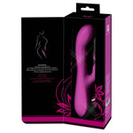 Javida Thumping Rabbit Vibrator i rosa silikon, vist i åpen svart og rosa eske.