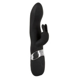 Svart silikon rabbitvibrator med buet kropp, fleksible kaninører og sølvfarget detalj.