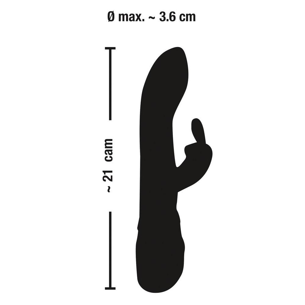 Svart silikon rabbitvibrator med buet kropp og fleksible ører, ca. 21 cm lang.