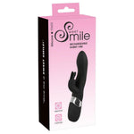 Svart silikon rabbitvibrator med kaninører og sølvdetaljer, i rosa og hvit emballasje.