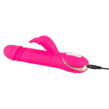Luksuriøs rosa silikon rabbitvibrator med gullfargede detaljer, G-punkt tupp og kaninformet klitorisstimulator.