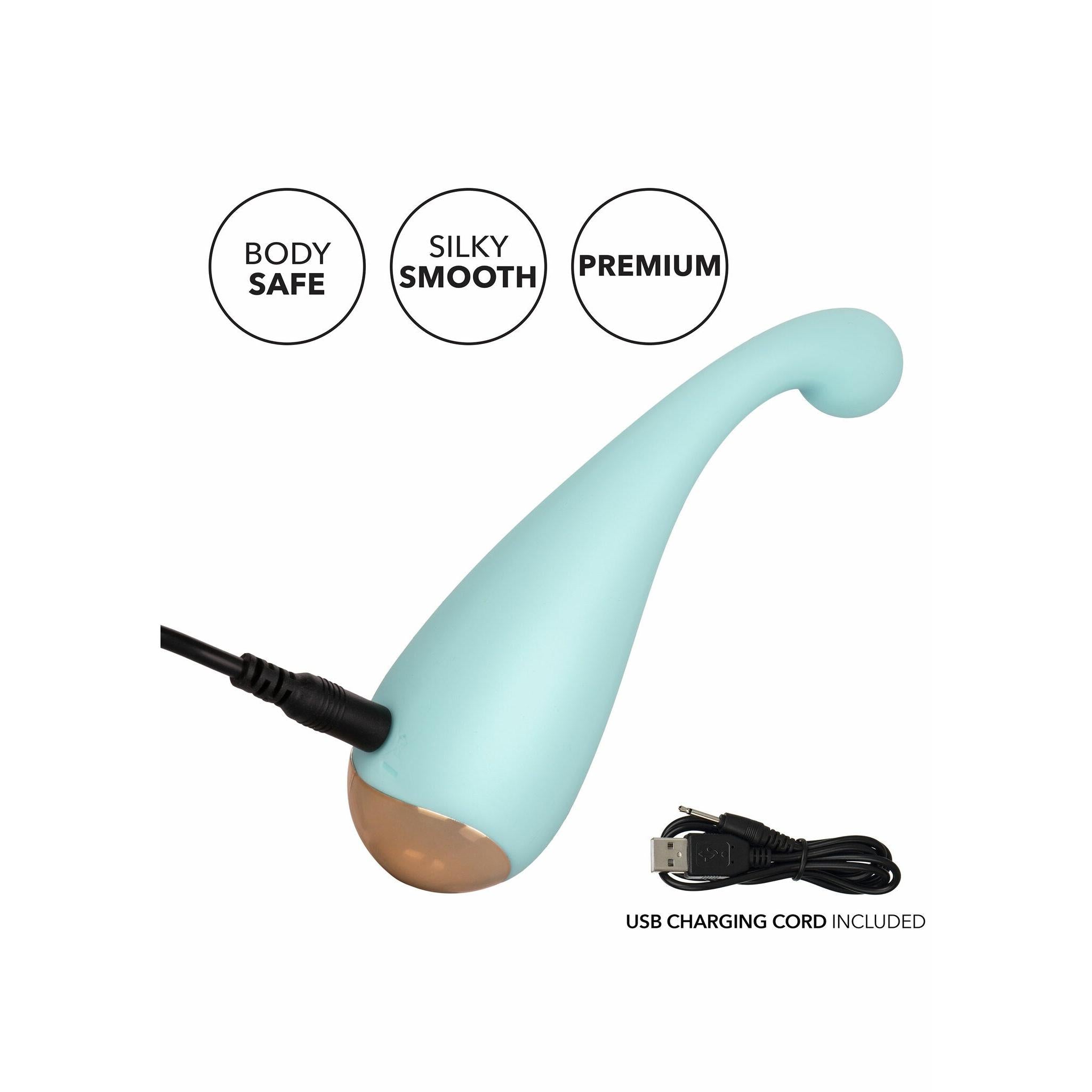 ThrillMe klitorisstimulator i mintgrønn silikon med gullfarget base og USB-ladekabel.
