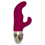 Mørk rosa silikon rabbitvibrator med buet G-punkt tupp, fleksibel klitorisstimulator og gullfarget base.