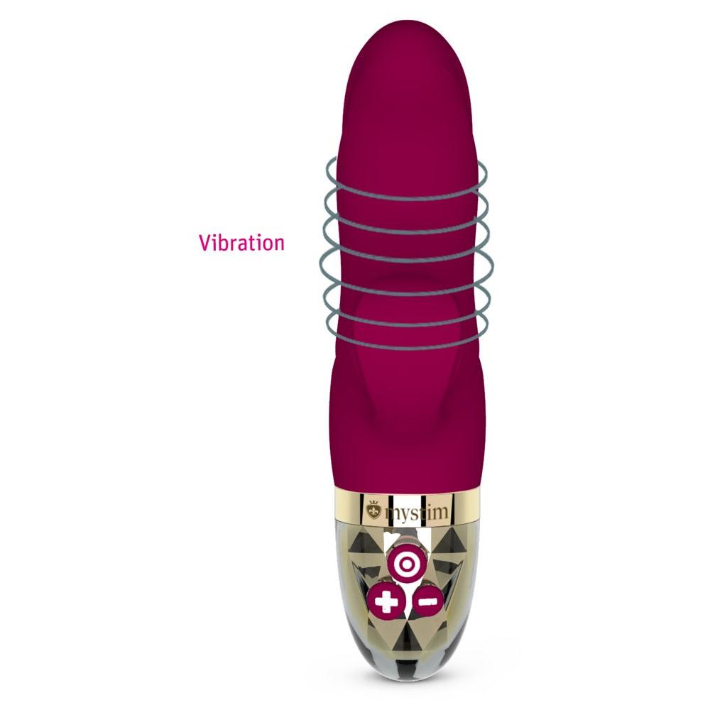 Mørk rosa silikon rabbitvibrator med gullfarget base, Mystim-logo og kontrollknapper.