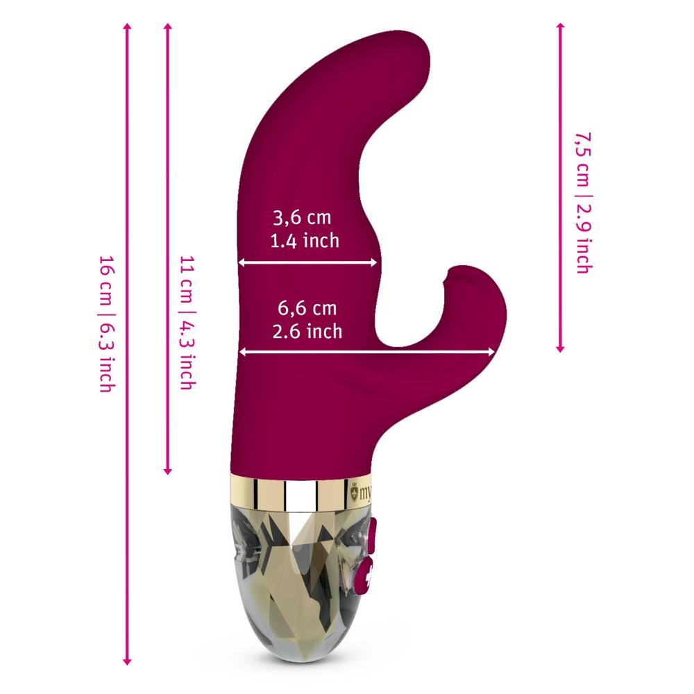 Burgundy silicone rabbit vibrator with gold accents and clear faceted base, showing dimensions.