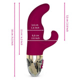 Burgundy silicone rabbit vibrator with gold accents and clear faceted base, showing dimensions.