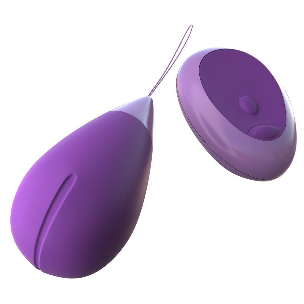 Lilla silikon vibro-egg med fjernkontroll og uttrekksbånd for diskret stimulering.
