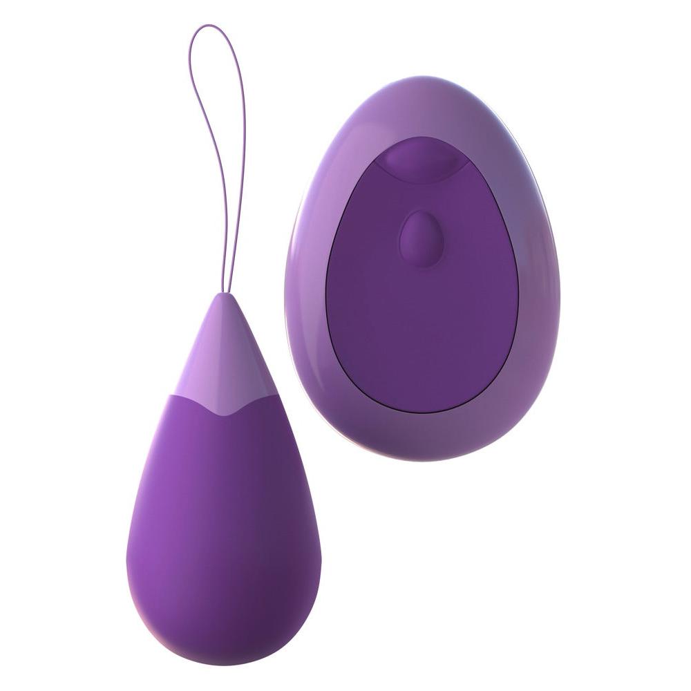 Lilla silikon vibro-egg med uttrekksbånd og matchende fjernkontroll.