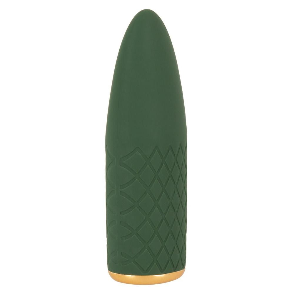 Mørkegrønn, kuleformet mini vibrator med diamantmønster og gullfarget base.
