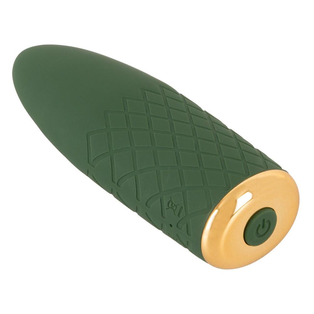 Mørkegrønn silikon mini vibrator med gullfarget base og ruteformet tekstur.