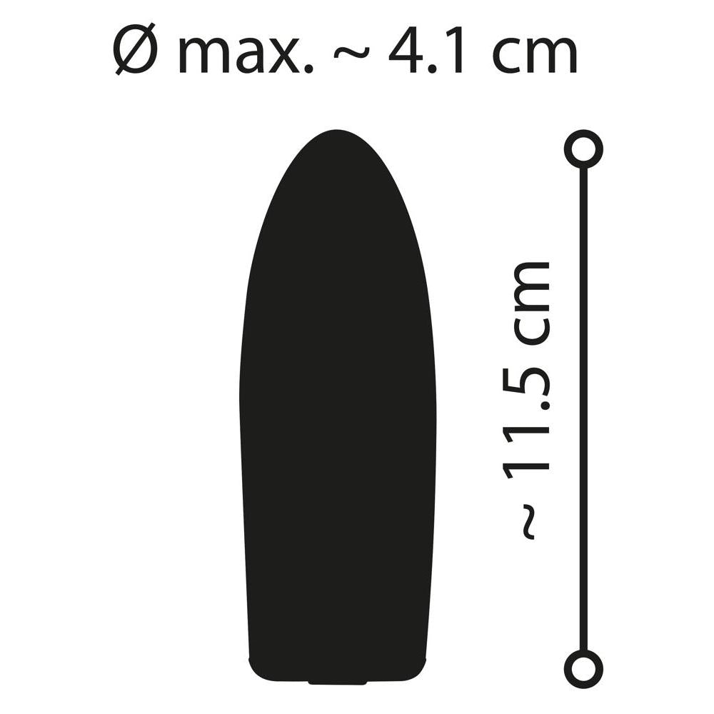 Svart silhuett av en mini vibrator, 11.5 cm lang med en diameter på 4.1 cm.