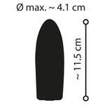 Svart silhuett av en mini vibrator, 11.5 cm lang med en diameter på 4.1 cm.