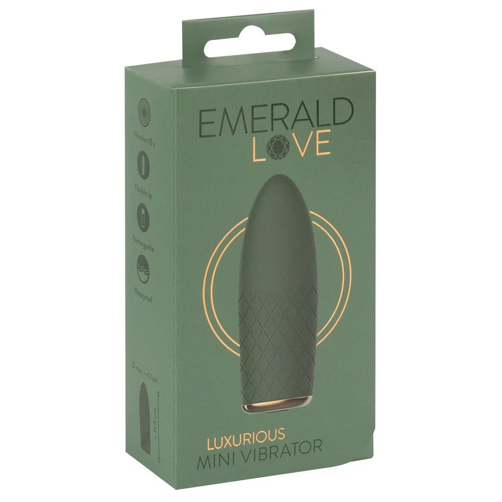 Emerald Love Luxurious Mini Vibrator i grønn eske med produktbilde av en mørkegrønn, teksturert vibrator.