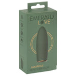 Emerald Love Luxurious Mini Vibrator i grønn eske med produktbilde av en mørkegrønn, teksturert vibrator.