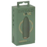 Emerald Love Luxurious Mini Vibrator i grønn eske med produktbilde av en mørkegrønn, teksturert vibrator.