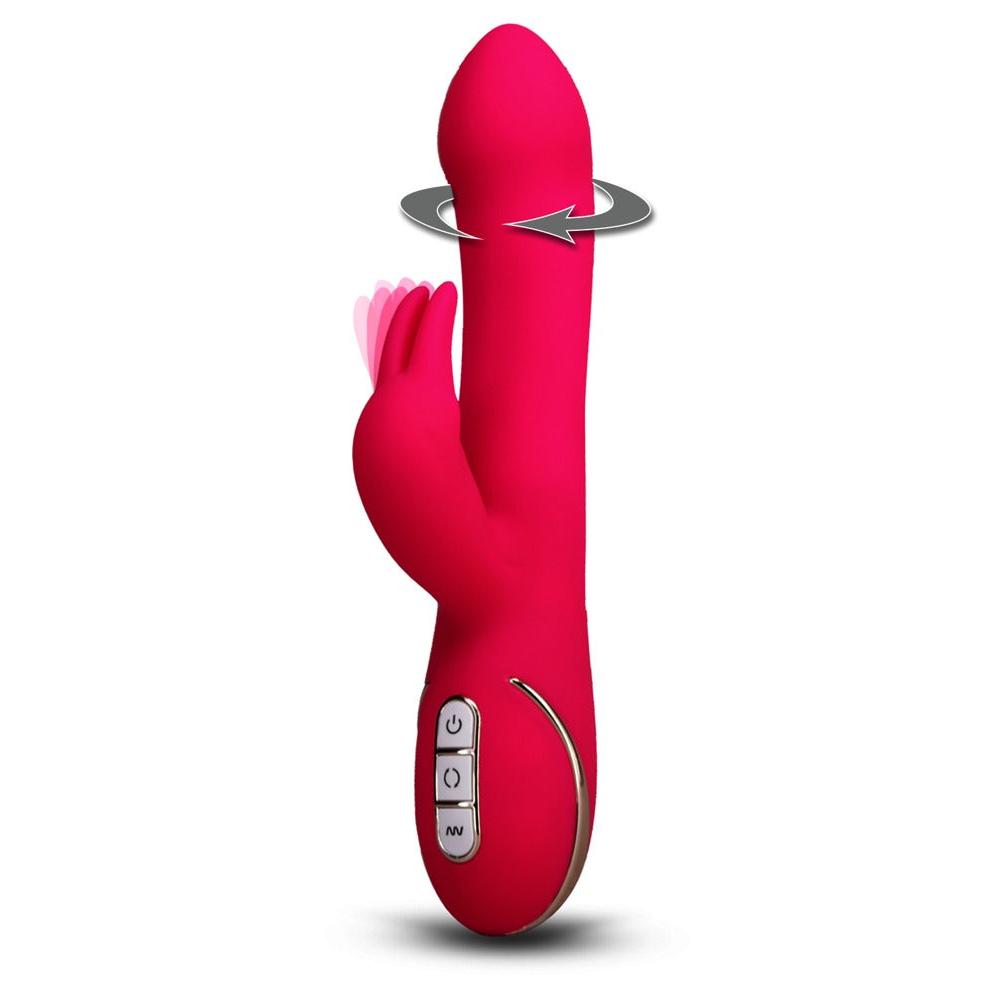 Rosa silikon rabbitvibrator med roterende G-punktstimulator, kaninører og gulldetaljer.