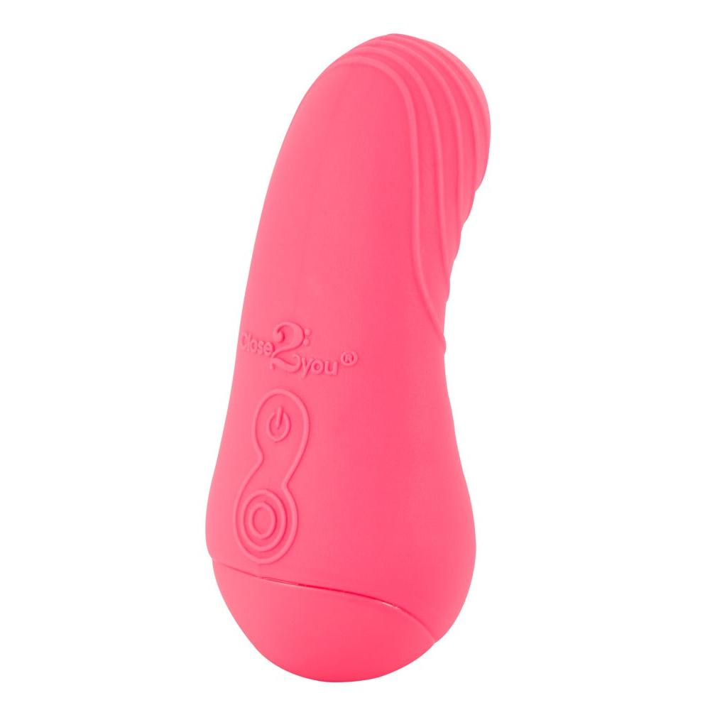 Rosa silikon klitorisstimulator med ergonomisk form, ribbet tupp og kontrollknapper.