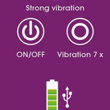 Corallino klitorisvibrator med OptiGasm-teknologi, lilla bakgrunn, ON/OFF, 7 vibrasjonsmoduser, batteri og USB-lading.