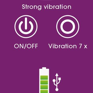 Corallino klitorisvibrator med OptiGasm-teknologi, lilla bakgrunn, ON/OFF, 7 vibrasjonsmoduser, batteri og USB-lading.