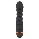 Svart silikon vibrator med penisformet tupp, 5 bølger, og kobberfarget detalj i bunnen.