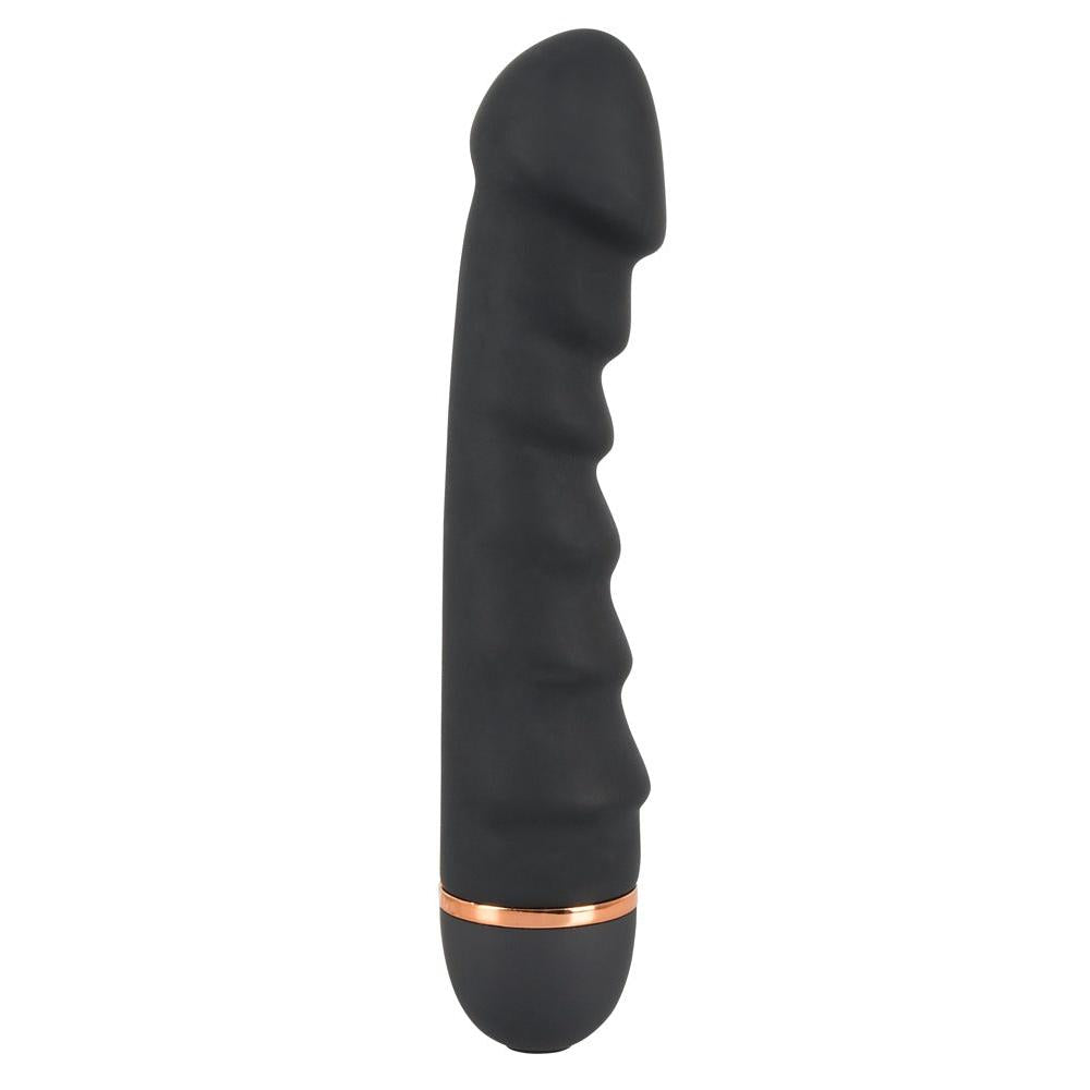 Svart silikon vibrator med penisformet tupp, 5 bølger, og kobberfarget base.