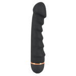 Svart silikon vibrator med penisformet tupp, 5 bølger, og kobberfarget base.