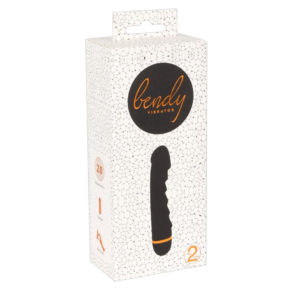 Hvit eske med svart Bendy Vibrator logo og et bilde av en svart, bølget silikon vibrator.
