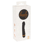 Hvit eske med svart Bendy Vibrator logo og et bilde av en svart, bølget silikon vibrator.