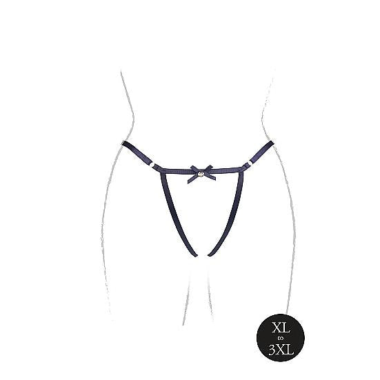 Sort, åpen truse i plus size med justerbare stropper, gullfargede detaljer og en liten sløyfe.
