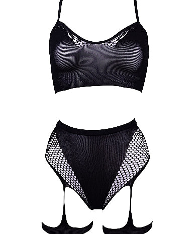 Le Désir 2-Piece Bra Set with Garters - One Size - Sort