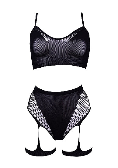 Le Désir 2-Piece Bra Set with Garters - One Size - Sort