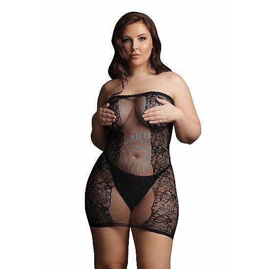 Plus size svart stroppeløs minikjole med gjennomsiktig netting og elegant blomstermønster.